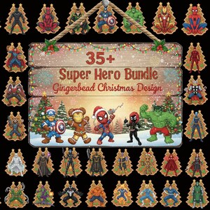 May include: A collection of gingerbread Christmas ornaments featuring various superheroes. The ornaments are shaped like Christmas trees and decorated with superhero characters. A wooden sign reads "35+ Super Hero Bundle Gingerbread Christmas Design."