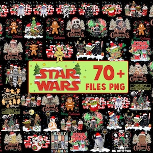 Puede incluir: Una colección de archivos PNG con temática de Star Wars para Navidad. La imagen presenta varios personajes como Yoda y Darth Vader, todos adornados con gorros de Papá Noel y decoraciones festivas. También se ve el texto "Star Wars" y "Merry Christmas".