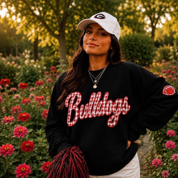 Personalized Bulldogs Game Day Sweatshirt, Custom Cheerleader Name Sleeve, Gingham Varsity Football Crewneck, Team Mom Gift