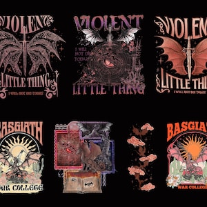 May include: A selection of graphic designs on a black backdrop. The designs showcase illustrations of dragons, swords, and text such as "VIOLENT LITTLE THING" and "BASGIATH WAR COLLEGE" in various fonts and colours, including red, orange, and purple.