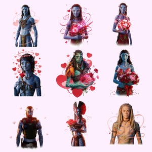 May include: Nine Avatar-themed illustrations on a pink background. The characters are depicted with blue skin and various accessories, holding flowers or posing with hearts. The artwork style is detailed, with a focus on character expressions and floral arrangements.