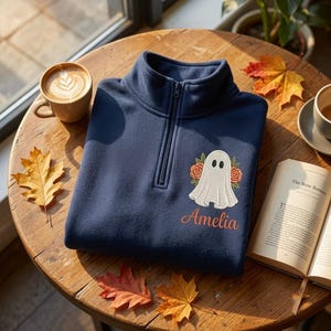 Personalized Ghost Quarter Zip, Embroidered Halloween Sweatshirt, Floral Ghost Pullover, Custom Name Sweatshirt, Cute Fall Gift for Her