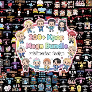 Op de afbeelding: Een zwarte achtergrond met K-pop ontwerpen, waaronder cartoonkarakters en tekst. De centrale tekst luidt "200+ Kpop Mega Bundle sublimation design."