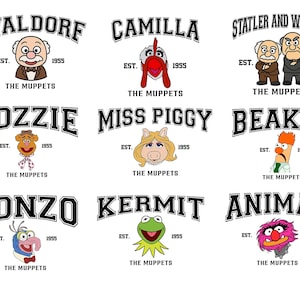 May include: Nine graphic designs featuring Muppets characters including Waldorf, Camilla, Statler, Fozzie, Miss Piggy, Beaker, Gonzo, Kermit, and Animal. Each design has the character's name, "EST. 1955," and "THE MUPPETS."