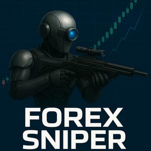 Könnte beinhalten: Illustration einer futuristischen Figur in schwarzer Rüstung, die ein Gewehr hält, mit dem Text "FOREX SNIPER EA" in Weiß. Ein blaues Diagramm steigender Aktienkurse befindet sich im Hintergrund, vor einem dunkelblauen Hintergrund.