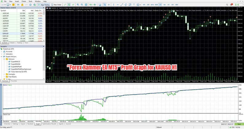 May include: A computer screen displaying a financial profit graph with the text "ForexHammer EA MT5 Profit Graph for XAUUSD H1". The graph shows fluctuating green and white lines against a black background, with additional data tables.