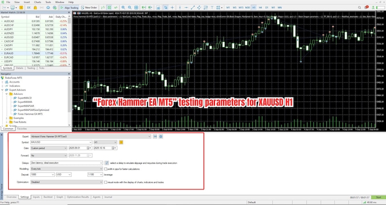 May include: A computer screen displaying a trading platform interface. The screen shows a candlestick chart with green and white bars, along with text that reads "Forex Hammer EA MT5" and testing parameters for XAUUSD H1. A red box highlights the settings.