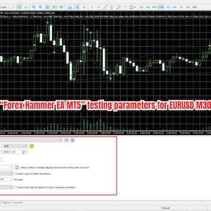 May include: A computer screen displaying a trading platform interface. The screen shows a candlestick chart with green and white bars, along with various technical indicators and data panels. Text on the screen reads "Forex Hammer EA MT5" and "testing parameters for EURUSD M30."