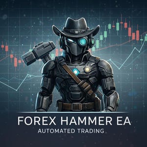 May include: An illustration of a robot cowboy with a hammer, set against a backdrop of financial charts. The robot has a cowboy hat and a glowing eye. The text "FOREX HAMMER EA AUTOMATED TRADING" is displayed below.