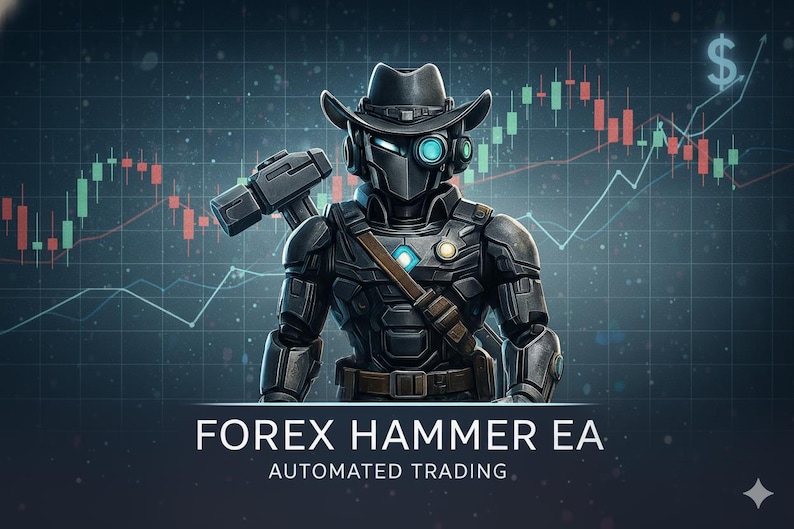 May include: An illustration of a robot cowboy with a hammer, set against a backdrop of financial charts. The robot has a cowboy hat and a glowing eye. The text "FOREX HAMMER EA AUTOMATED TRADING" is displayed below.