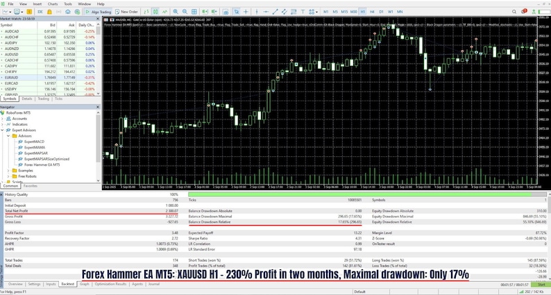 May include: A computer screen displaying a financial trading platform with a green candlestick chart. The text "Forex Hammer EA MT5: XAUUSD H1 - 230% Profit in two months, Maximal drawdown: Only 17%" is visible at the bottom.