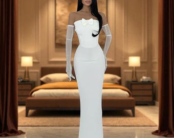 Witte strapless zeemeermin avondjurk met strikdetail, getailleerde formele bruiloft- en galajurk, schakingsjurk, receptiejurk voor bruid