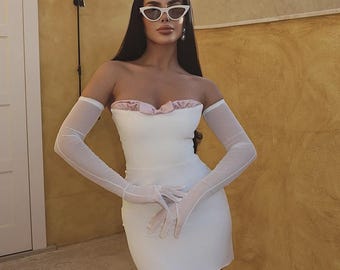 White Strapless Bow Detail Mini Dress – Wedding Dress, Civil Wedding Dress, Reception Dress For Bride, Bridal Shower Dress, Her Gift