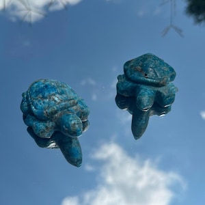 May include: Two turquoise-colored stone turtle figurines. The turtles are carved with detailed shells, heads, and flipper-like limbs. The figurines are displayed on a reflective surface, with a sky and cloud background.