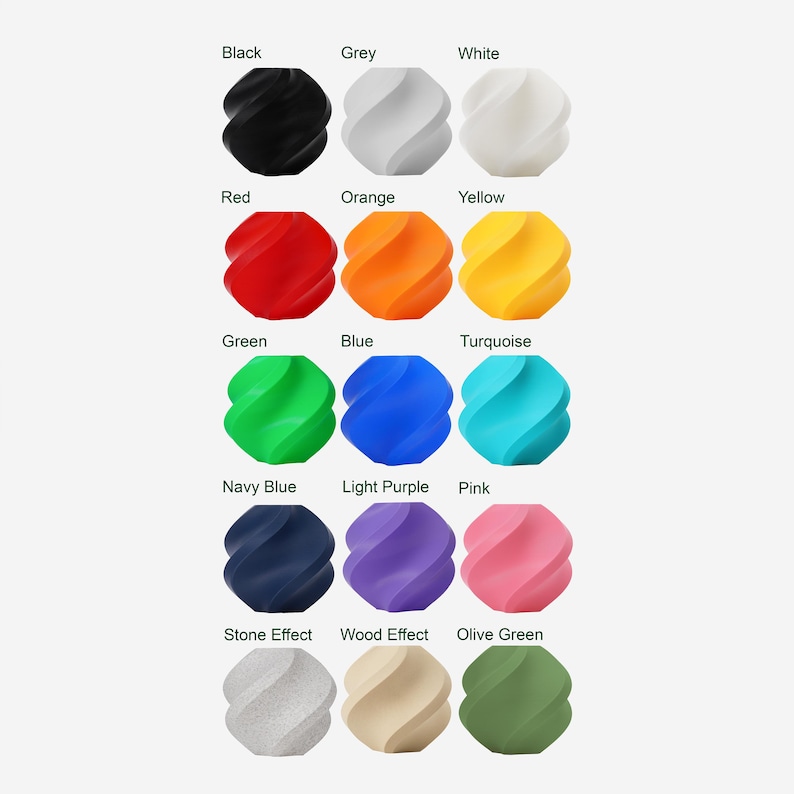 Colour chart showing all available colours for the 3D printed HOME sign including black, white, grey, blue, red, green, yellow, pink, purple and more