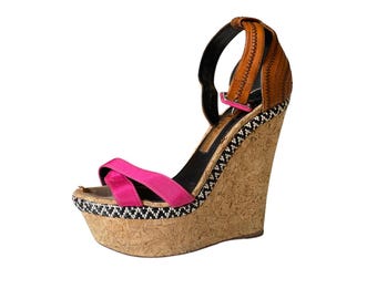 Rupert Sanderson Pink Leather Wedge Sandals: Designer Espadrille Platform Heels
