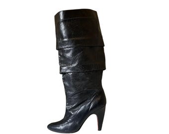 Diesel Eden Black Leather Stiletto Boots: Fold-Over Design, EU 38 / US 7.5