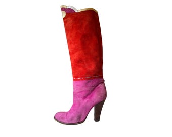 Marc Jacobs Suede Knee High Boots: Red & Pink Color Block, Gold Detail, Size 38