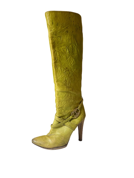 Roberto Cavalli Knee-High Leather Boots . Green . High Heel . Size 38 . Vintage Designer Boots