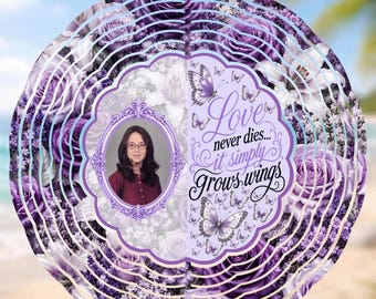 Memorial Wind Spinner PNG | Purple Butterfly Photo Frame | Love Never Dies It Simply Grows Wings | Sympathy Design