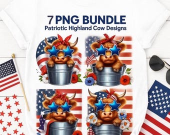 Patriotic Highland Cow PNG Bundle, 7 Funny 4th of July Cow Sublimation Designs, Red White Blue Cow Shirt PNG