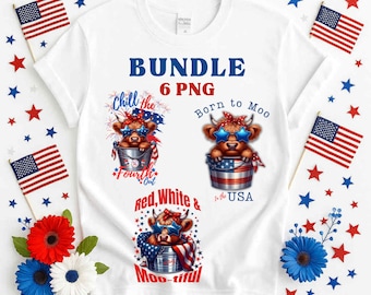 Paquete PNG de vaca patriótica, diseños de sublimación de vaca de las Tierras Altas del 4 de julio, PNG rojo, blanco y mugido, diseños divertidos de camisetas con animales de granja