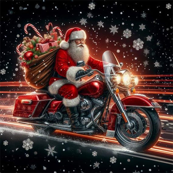 Santa Claus on Motorcycle Christmas Art Print JPG
