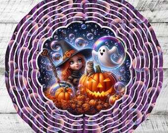 Witch & Ghost Halloween Wind Spinner PNG  8″ Purple Pumpkin Sublimation Design for Fall Decor