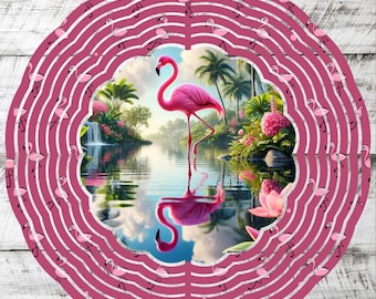 Flamingo Wind Spinner PNG, Tropical Flamingo Sublimation Design, 8 Inch Metal Wind Spinner Template, Summer Flamingo Garden Spinner PNG