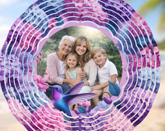 Mother’s Day Hummingbird Wind Spinner PNG, Personalized Photo Insert Design, Mom Gift Sublimation, Floral Spinner Digital Download