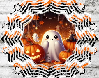 Halloween Ghost & Pumpkins Wind Spinner PNG – 8″ Sublimation File • Cute Ghost Garden Decor for Metal Spinner Blanks