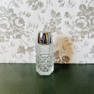 May include: A clear, faceted glass salt shaker with a shiny silver metal top. The salt shaker has a geometric pattern and is displayed against a floral wallpaper background. The shaker is a classic kitchen accessory.