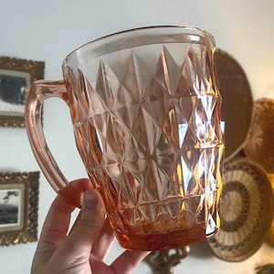 Vintage Jeanette Windsor Glass Faceted Pinky-Peach Pitcher