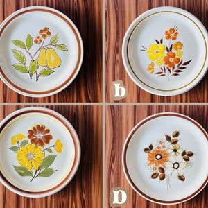 May include: Four vintage ceramic plates with floral and fruit designs. Each plate features a white center with a brown rim. The designs include pears, flowers in yellow, orange, and brown, and green leaves. A decorative set for the kitchen.