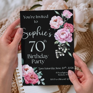 May include: Black invitation card with the text "You're Invited to Sophie's 70th Birthday Party". The card is decorated with pink and red floral arrangements. The invitation includes the date, time, and location.