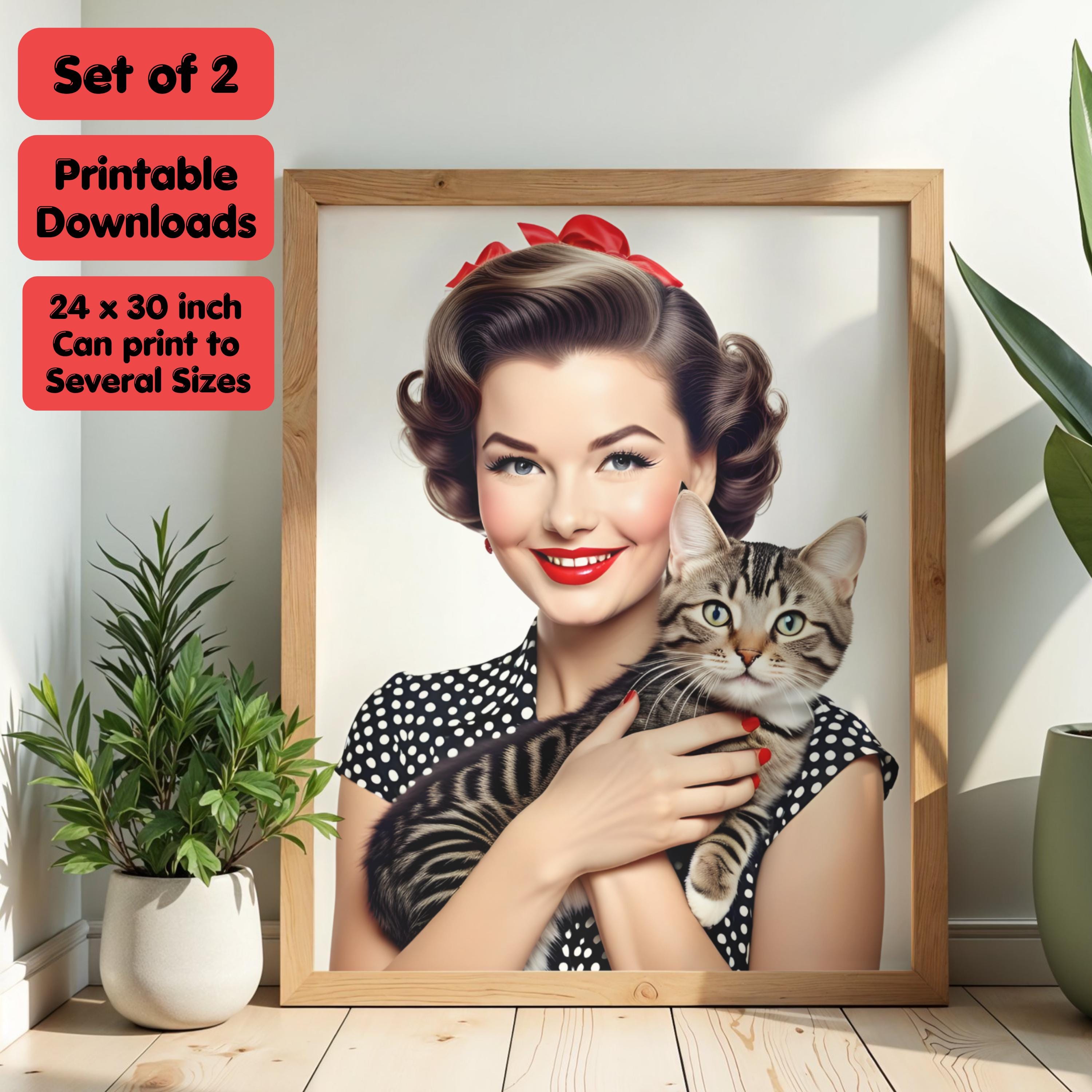 Vintage Cat Lady Print, Tabby Cat Wall Art Set of 2, Catlovers ...