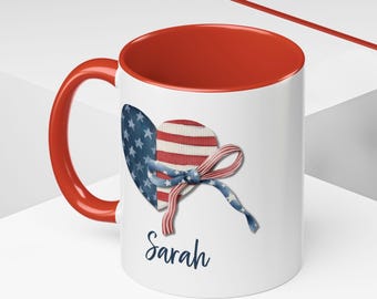 Tasse à café en céramique drapeau américain, tasse patriotique du 4 juillet, cadeau personnalisé pour le Memorial Day, noeud et coeur coquette rouge blanc et bleu