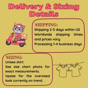 Peut inclure: Image avec des informations sur la livraison et le dimensionnement d'un t-shirt unisexe. Elle comprend un chat de dessin anim&eacute; sur un scooter, des d&eacute;tails d'exp&eacute;dition et une r&eacute;f&eacute;rence au tableau des tailles.