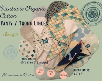 Set of 5 | Organic Cotton Reusable 6.5" Pantyliners & Thongliners | Handmade in Boston