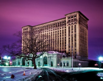 Detroit landscape, Michigan Central Train Station. Abandoned Building, Surreal Fine Art "Still as Ice"