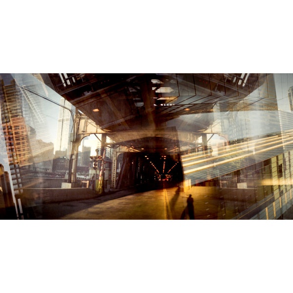 Downtown Chicago skyline panorama photograph, surreal cityscape, alterscape, 35mm color film, art print "Light on Lake"