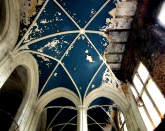 Fine Art Print, Neglected Beauty, Abandoned Building, blue Belgium Architecture color photography "Royal Crack"