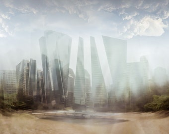 Dreamy Surreal Chicago cityscape - pale blue green fog wall art beach tall building chicago skyline landscape photograph "Tripple Three"