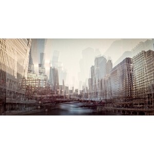 May include: A panoramic view of a city skyline with tall buildings and a river in the foreground. The buildings are a mix of modern and traditional styles, and the river is reflecting the light of the sky. The image is a double exposure, creating a layered and abstract effect.