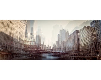 Downtown Chicago skyline panorama photograph, surreal cityscape, alterscape, 35mm color film, art print "Earth is Shaking with Her Fury"