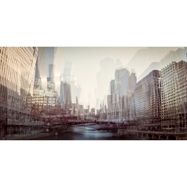 Downtown Chicago skyline panorama photograph, surreal cityscape, alterscape, 35mm color film, art print "Earth is Shaking with Her Fury"