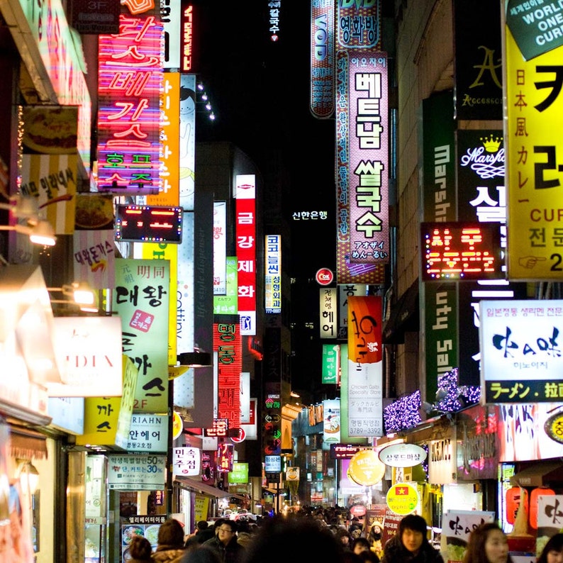 Seoul, South Korea market photograph, exterior architecture, night light signs colorful wall art, cityscape Heightened Senses image 1