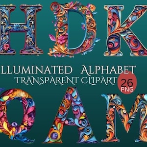 26 PNG, Pacote de Letras Iluminadas Clipart, Alfabeto Inglês Letras Florais Clipart, Vibrante, Alfabeto Tema Digital Quilling De Papel, Conjunto ABC