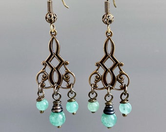 Aventurine Brass Chandelier Earrings - Aqua Earrings, Lightweight Earrings, Gift for Woman, Birthday Gift, Graduation Gift