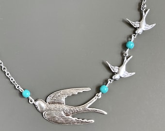 Silver Bird Necklace - Nature Jewelry, Bird Jewelry, Mother and Child, Gift for Woman, Bird Gift, Birthday Gift, Mothers Day Gift, Turquoise